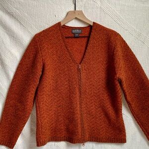Woolrich Sweater Women’s Large Orange Bittersweet 100% Lambs Wool Zip Cardigan